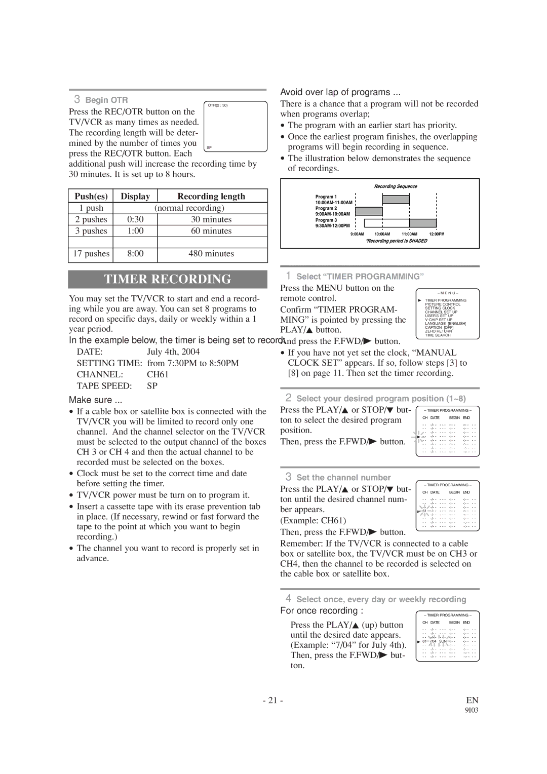 Emerson EWC1303A owner manual Timer Recording, Pushes Display Recording length, Channel CH61 Tape Speed SP 