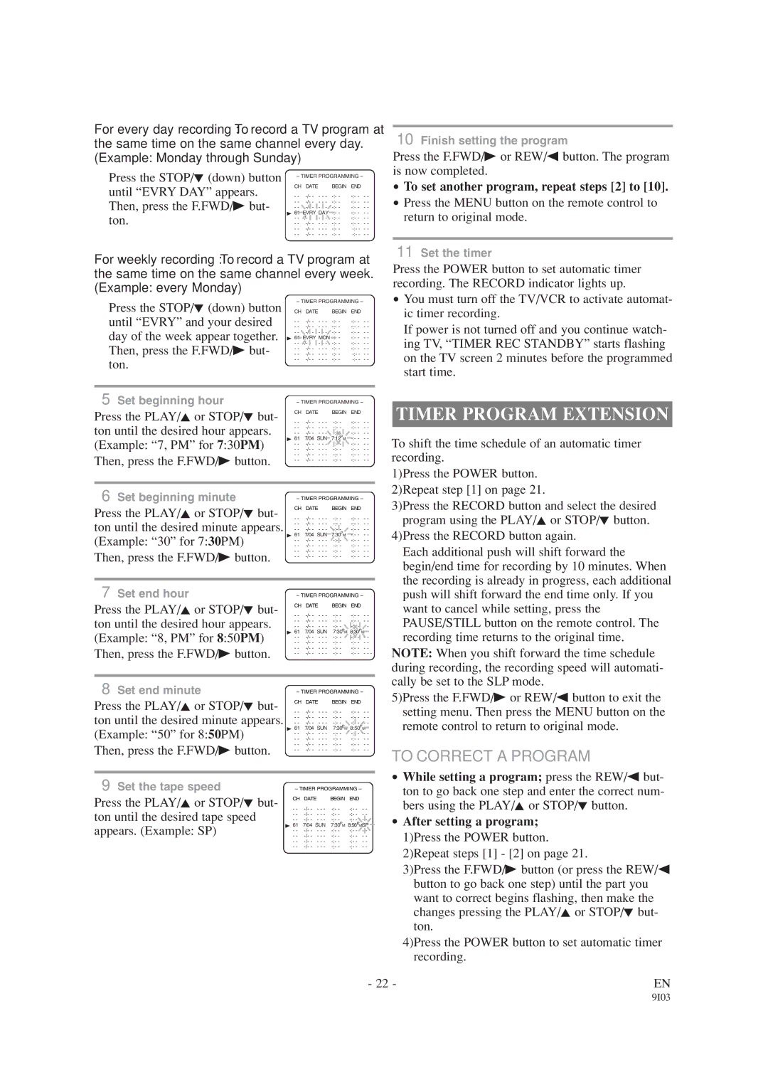 Emerson EWC1303A owner manual Timer Program Extension, To Correct a Program, To set another program, repeat steps 2 to 