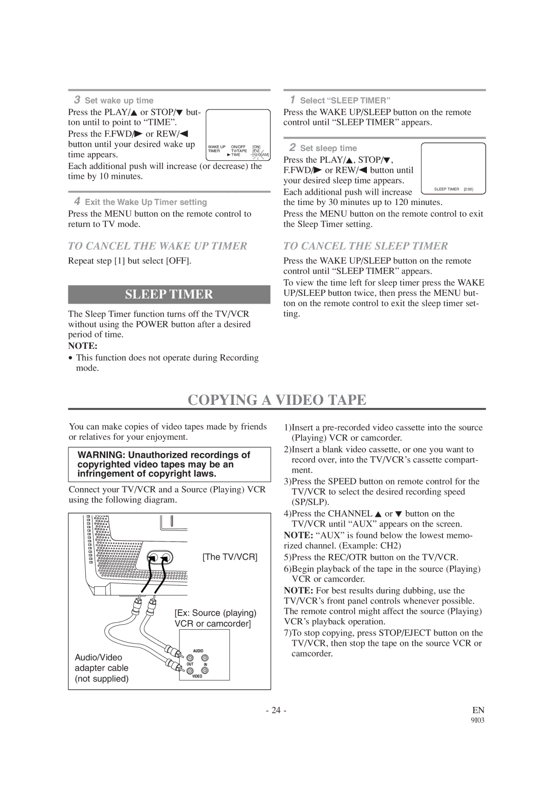 Emerson EWC1303A owner manual Copying a Video Tape, To Cancel the Wake UP Timer, To Cancel the Sleep Timer 