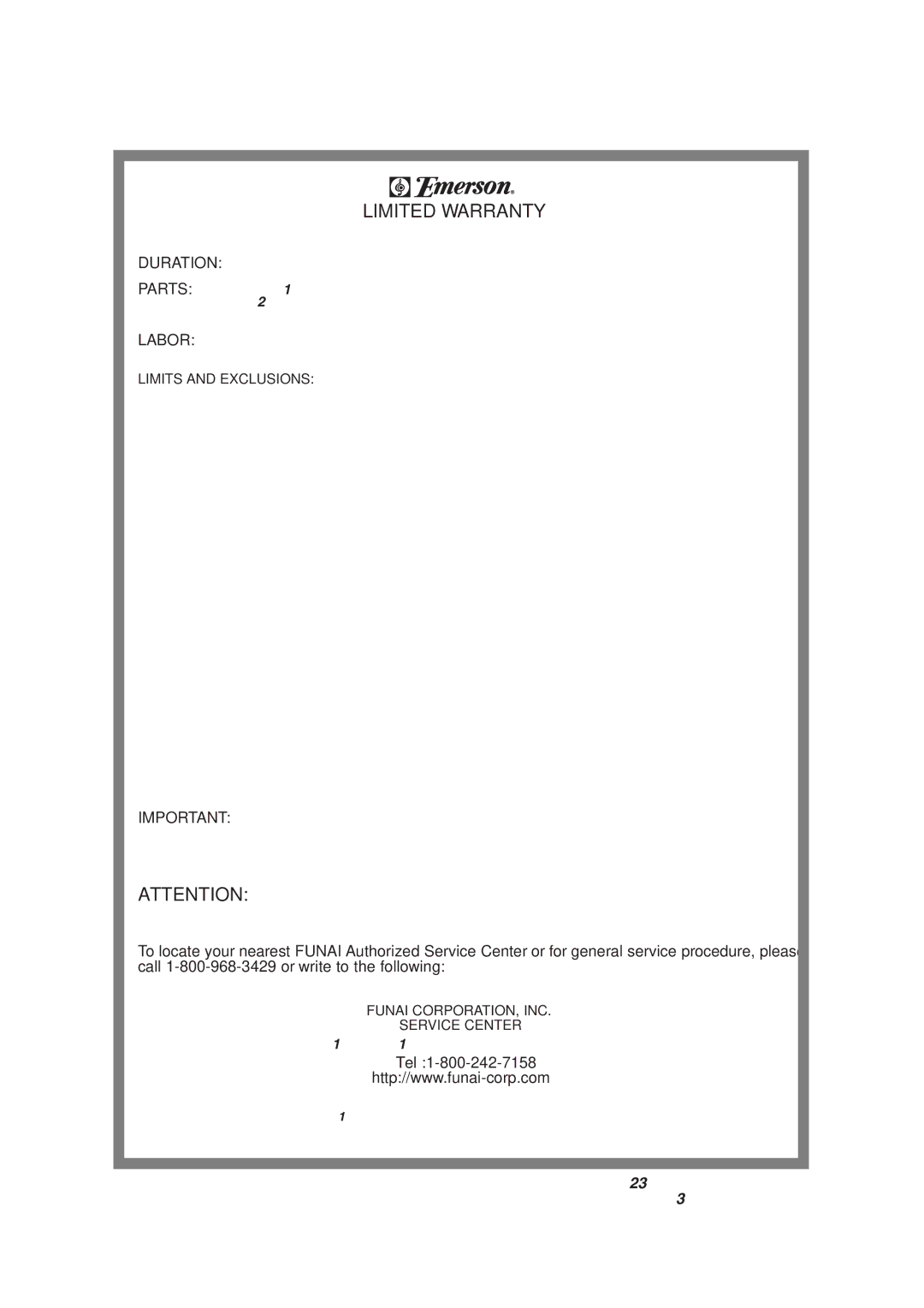 Emerson EWC1303A owner manual Duration, Tel, Please do not Ship Your Unit to the Teterboro Address 