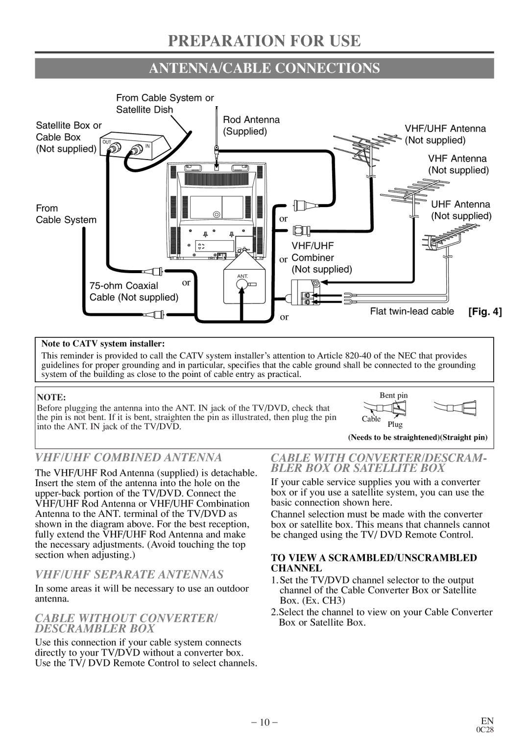 Emerson EWC13D4 Preparation for USE, ANTENNA/CABLE Connections, VHF/UHF Combined Antenna, VHF/UHF Separate Antennas 