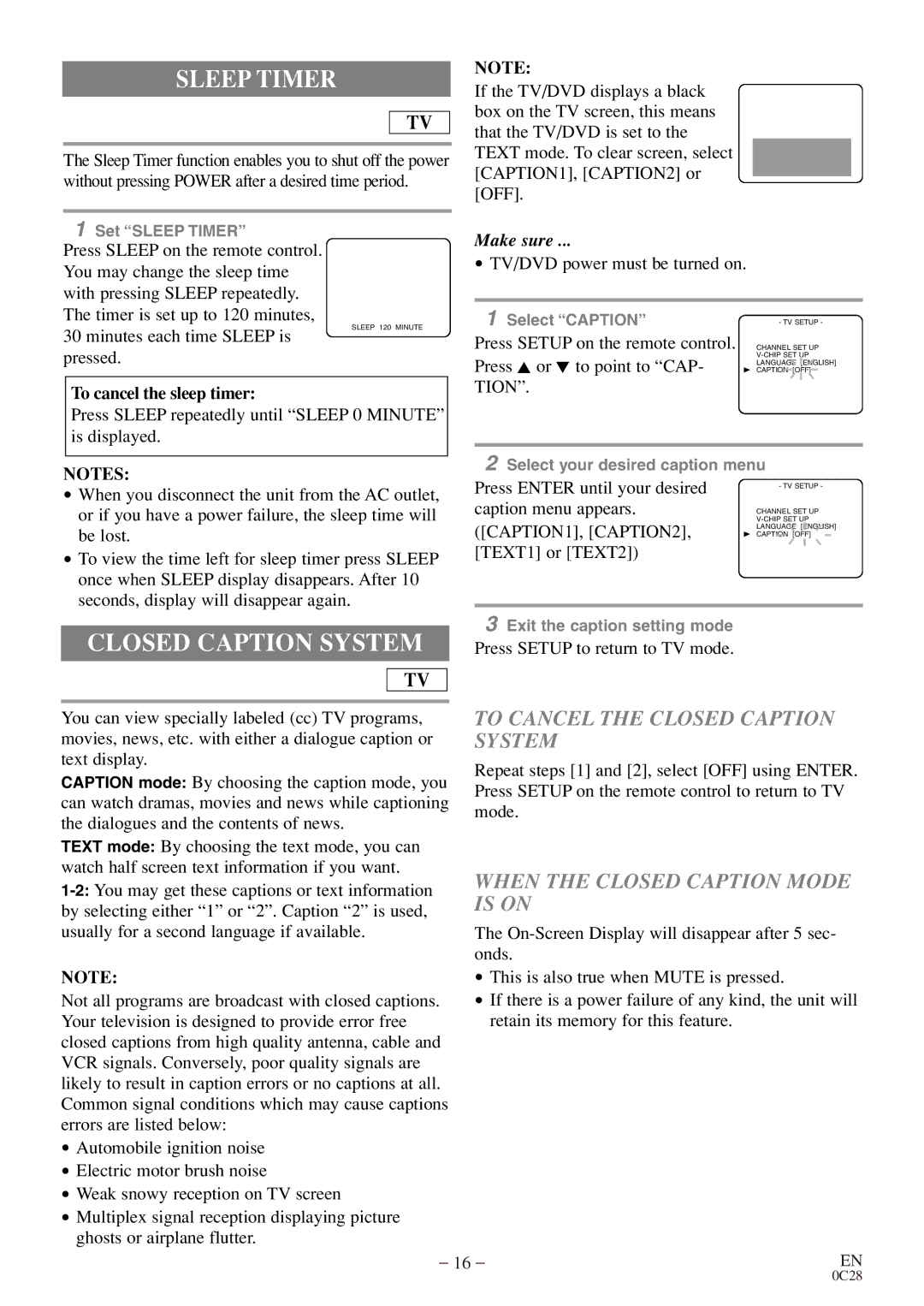 Emerson EWC13D4 owner manual Sleep Timer, To Cancel the Closed Caption System, When the Closed Caption Mode is on 