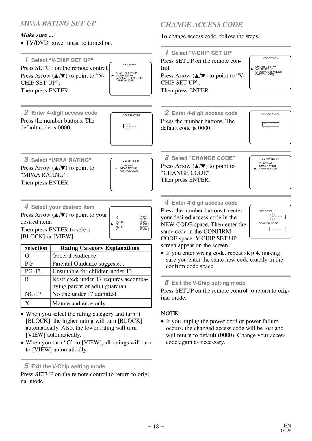 Emerson EWC13D4 owner manual Mpaa Rating SET UP, Change Access Code 