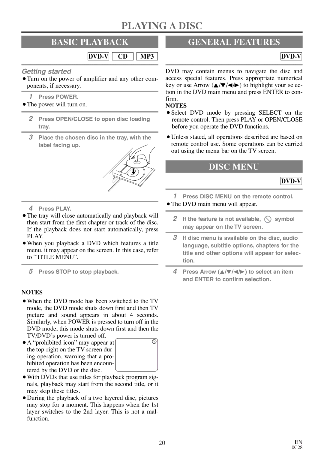 Emerson EWC13D4 owner manual Playing a Disc, Basic Playback General Features, Disc Menu 