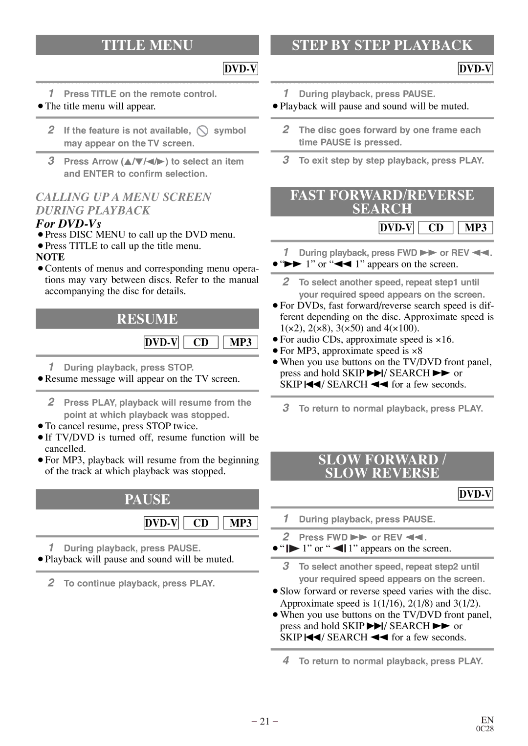 Emerson EWC13D4 Title Menu Step by Step Playback, Resume, Pause, Fast FORWARD/REVERSE Search, Slow Forward Slow Reverse 