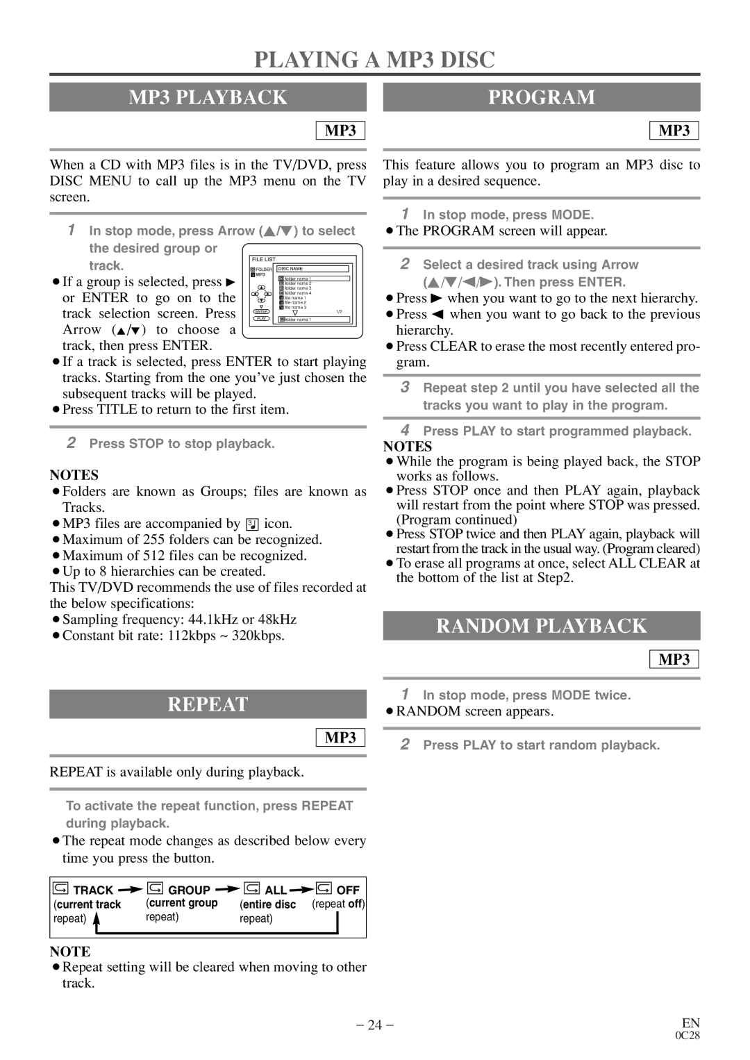 Emerson EWC13D4 owner manual Playing a MP3 Disc, MP3 Playback, Program, Repeat 