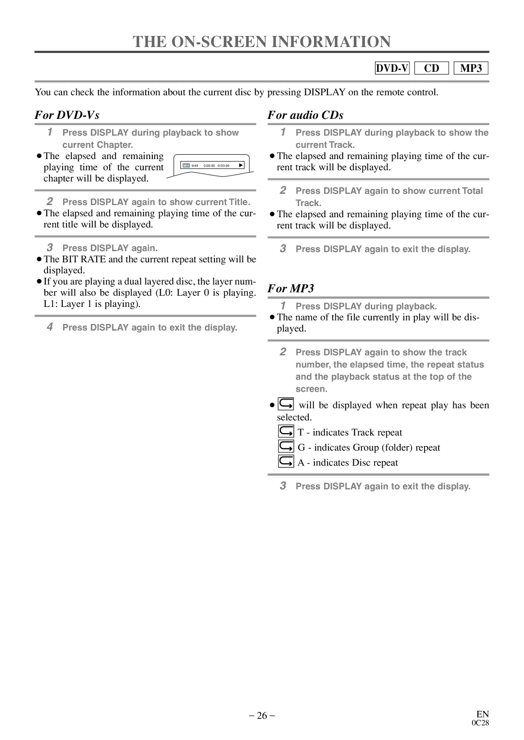 Emerson EWC13D4 owner manual ON-SCREEN Information, DVD-V CD MP3 