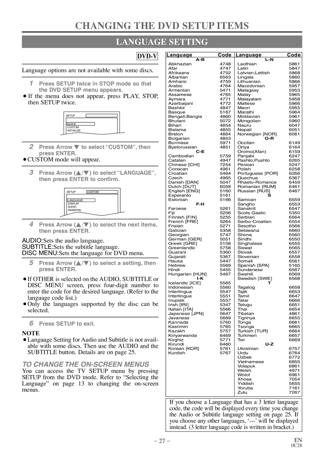 Emerson EWC13D4 owner manual Changing the DVD Setup Items, Language Setting 