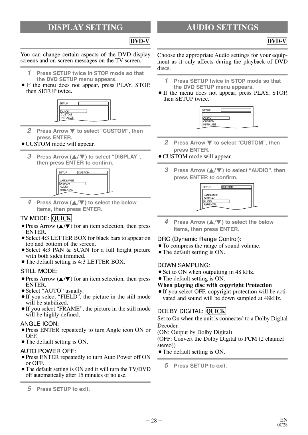 Emerson EWC13D4 owner manual Display Setting Audio Settings, Enter, When playing disc with copyright Protection 