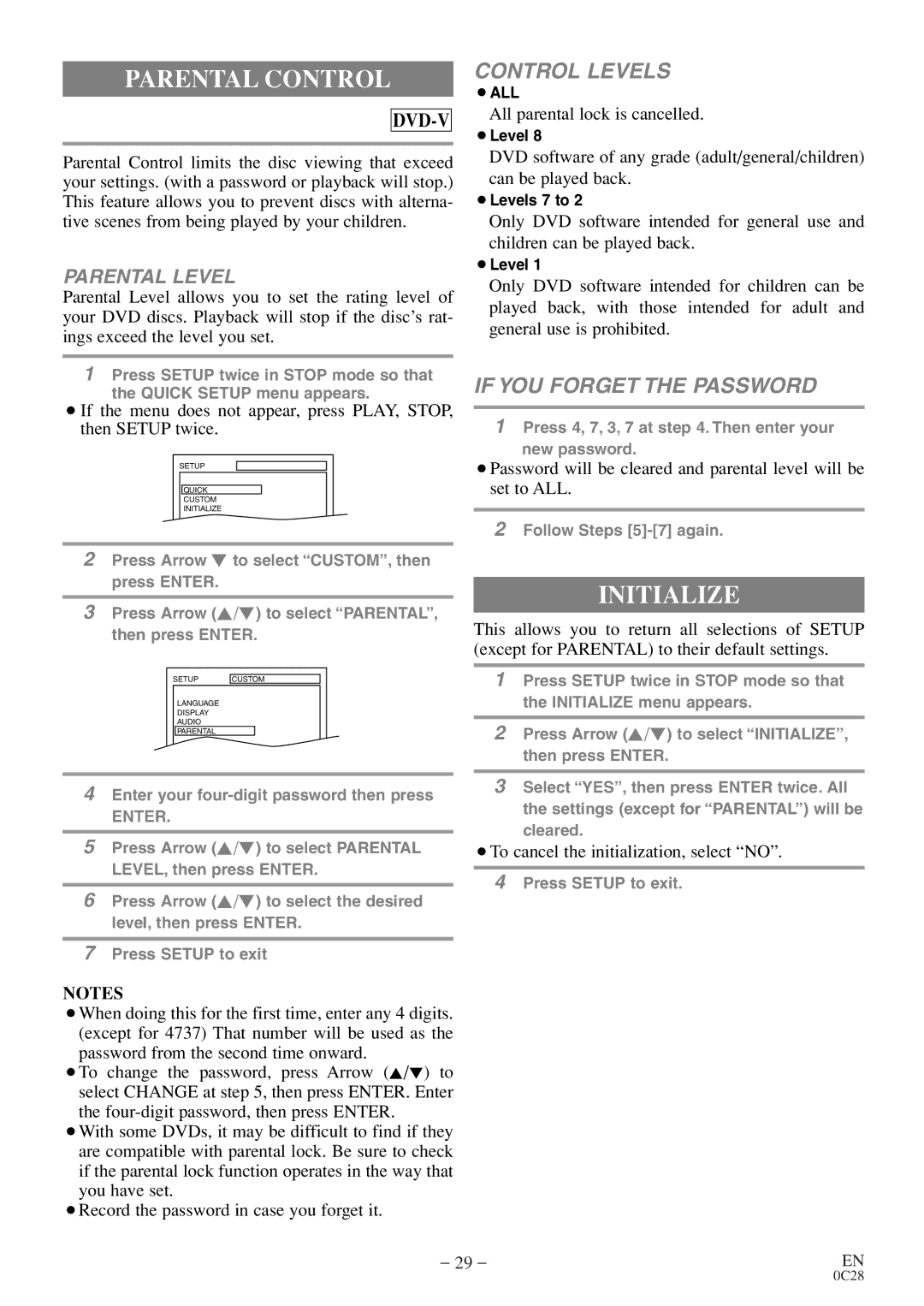 Emerson EWC13D4 owner manual Parental Control, Initialize 