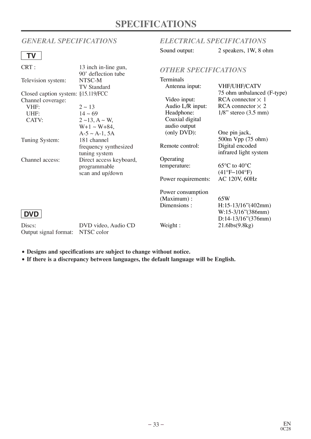 Emerson EWC13D4 owner manual General Specifications, Electrical Specifications, Other Specifications 