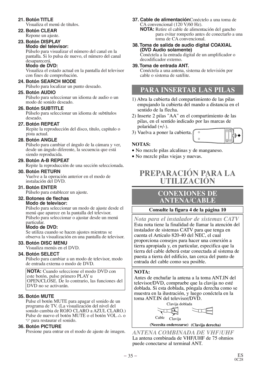 Emerson EWC13D4 owner manual Preparación Para LA Utilización, Para Insertar LAS Pilas, Conexiones DE ANTENA/CABLE 