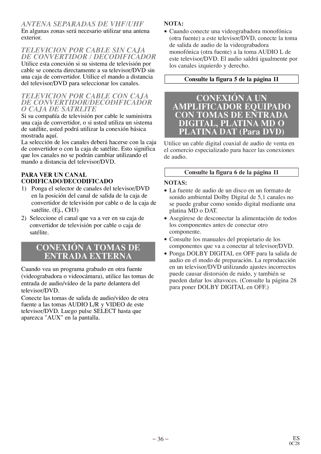 Emerson EWC13D4 owner manual Conexión a Tomas DE Entrada Externa, Conexión a UN, Antena Separadas DE VHF/UHF 