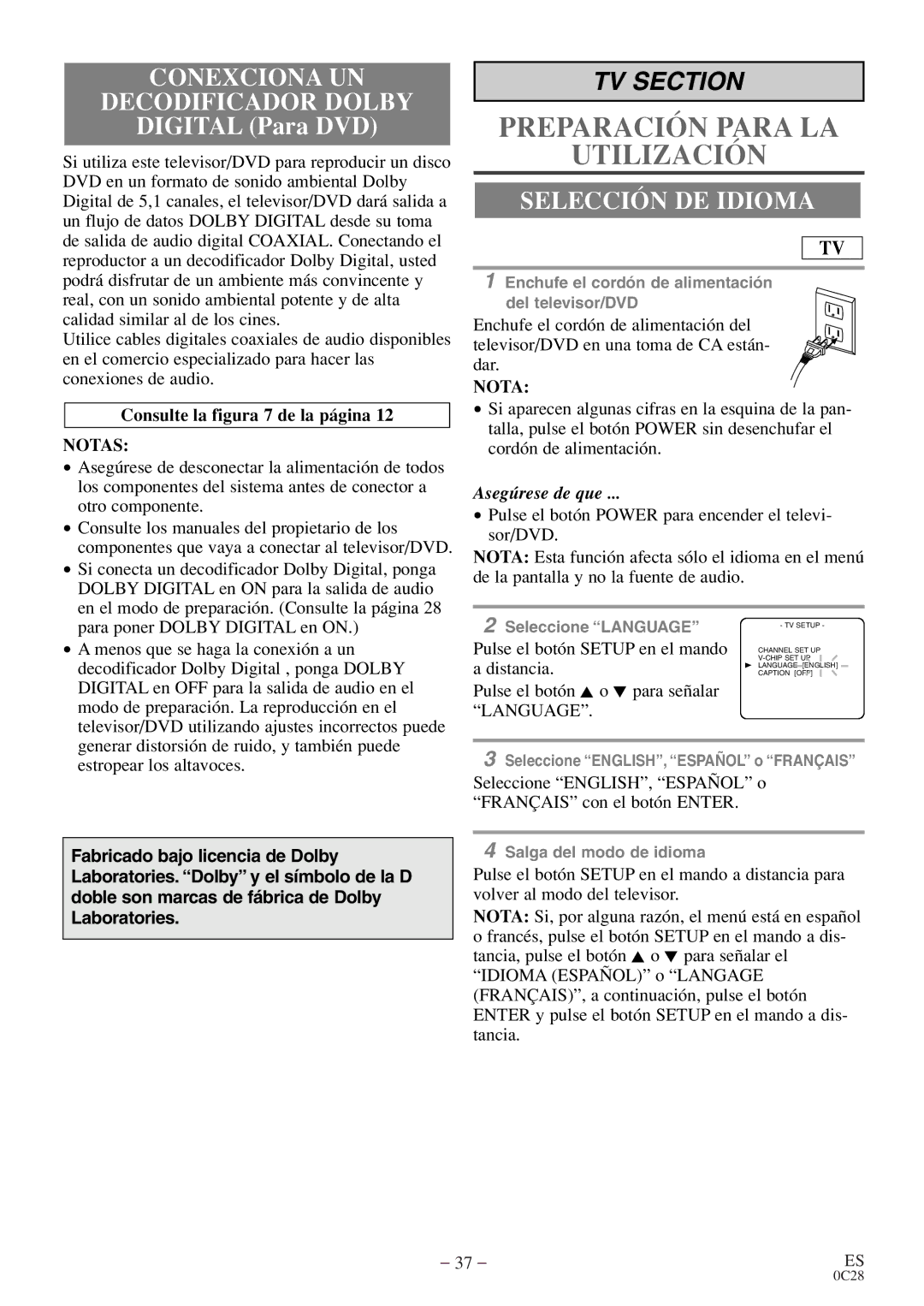 Emerson EWC13D4 owner manual Conexciona UN Decodificador Dolby, Selección DE Idioma, Consulte la figura 7 de la página 