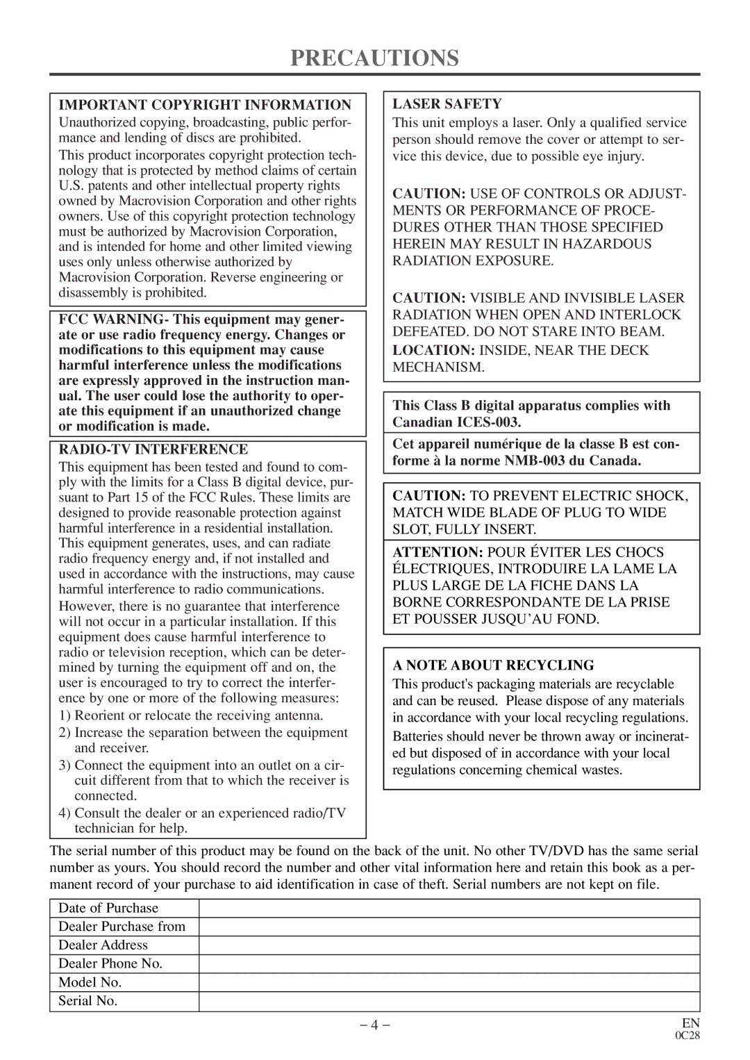 Emerson EWC13D4 owner manual Precautions, Important Copyright Information, RADIO-TV Interference, Laser Safety 