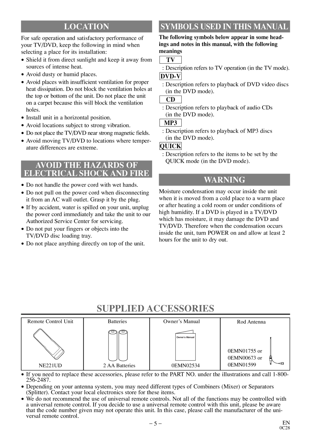 Emerson EWC13D4 owner manual Supplied Accessories, Location, Avoid the Hazards Electrical Shock and Fire 