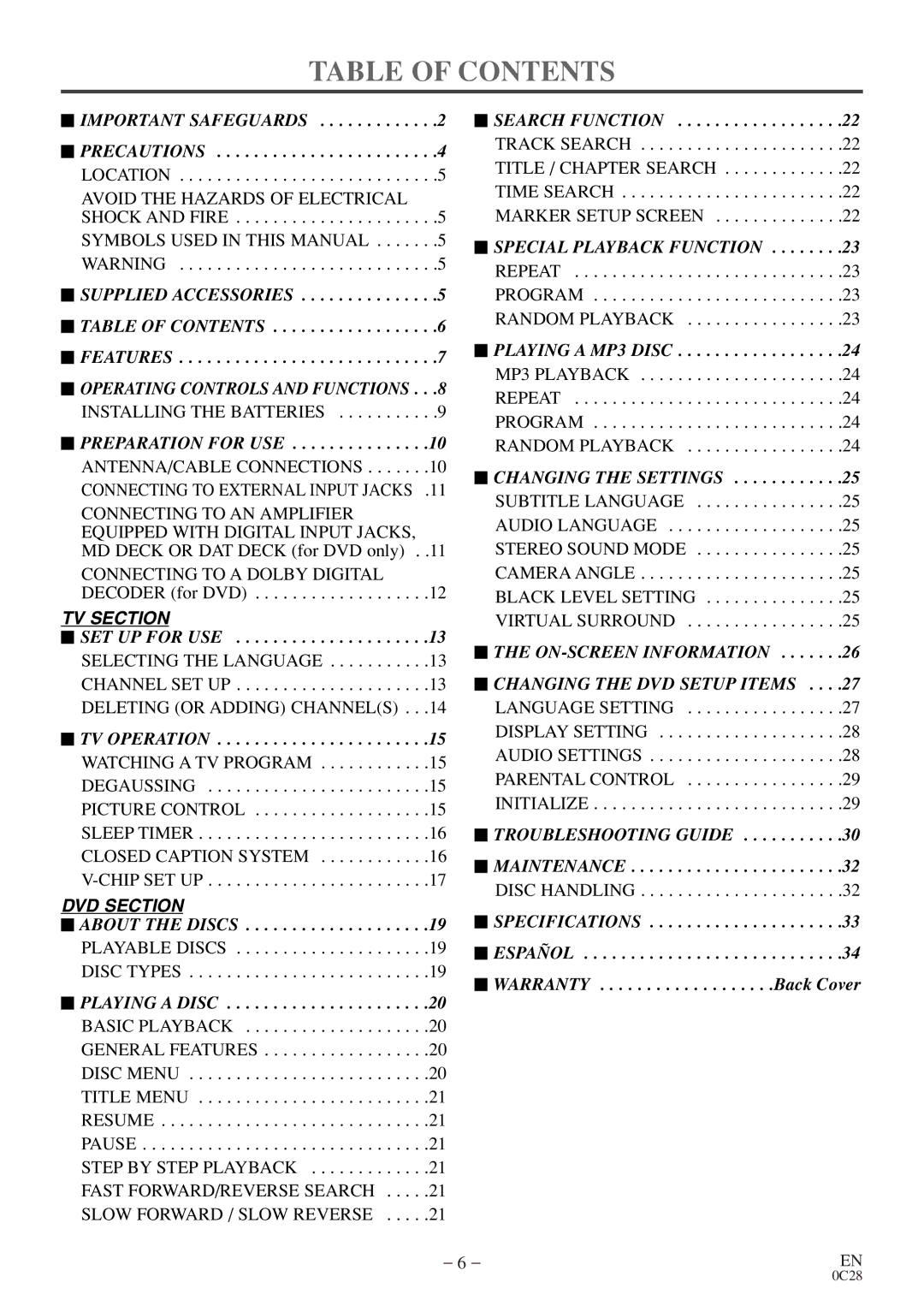 Emerson EWC13D4 owner manual Table of Contents 