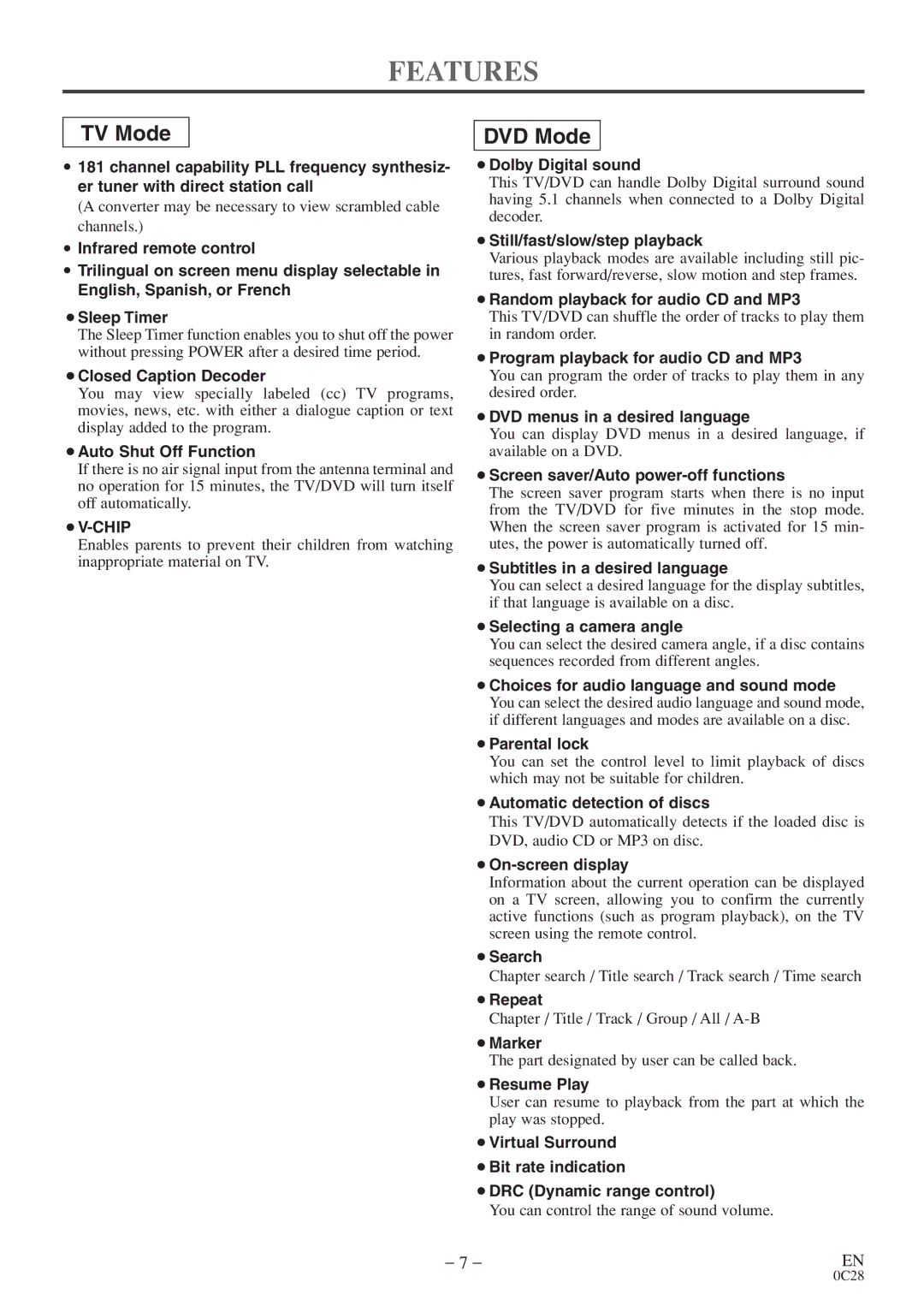 Emerson EWC13D4 owner manual Features, TV Mode 