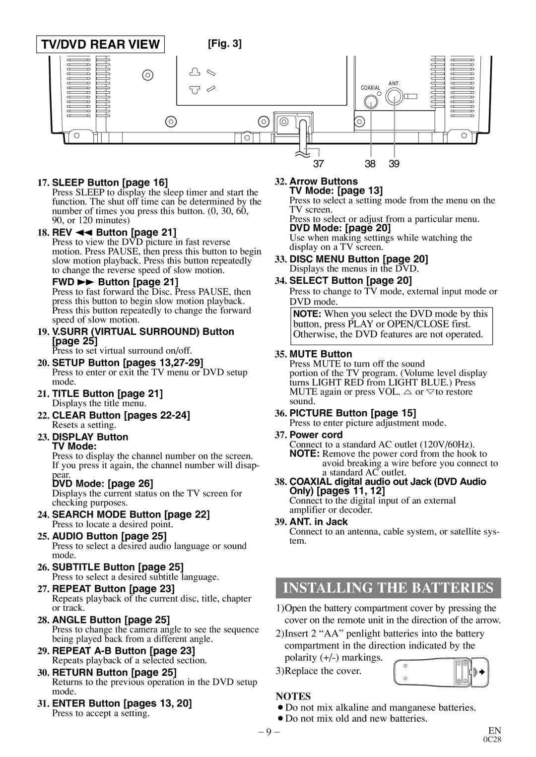 Emerson EWC13D4 owner manual Installing the Batteries, TV/DVD Rear View 