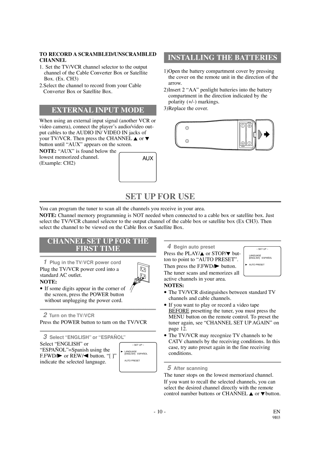 Emerson EWC1901 owner manual SET UP for USE, External Input Mode, Installing the Batteries, Channel SET UP for First Time 