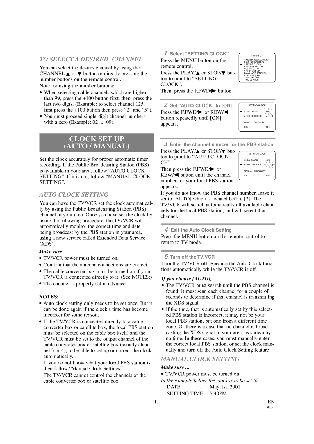 Emerson EWC1901 Clock SET UP Auto / Manual, To Select a Desired Channel, Auto Clock Setting, Manual Clock Setting 