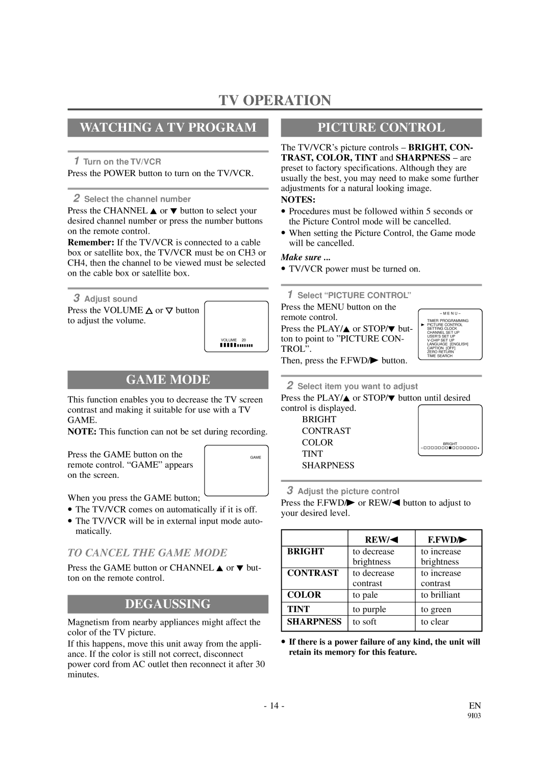 Emerson EWC1901 owner manual TV Operation, Watching a TV Program, Picture Control, Game Mode, Degaussing 