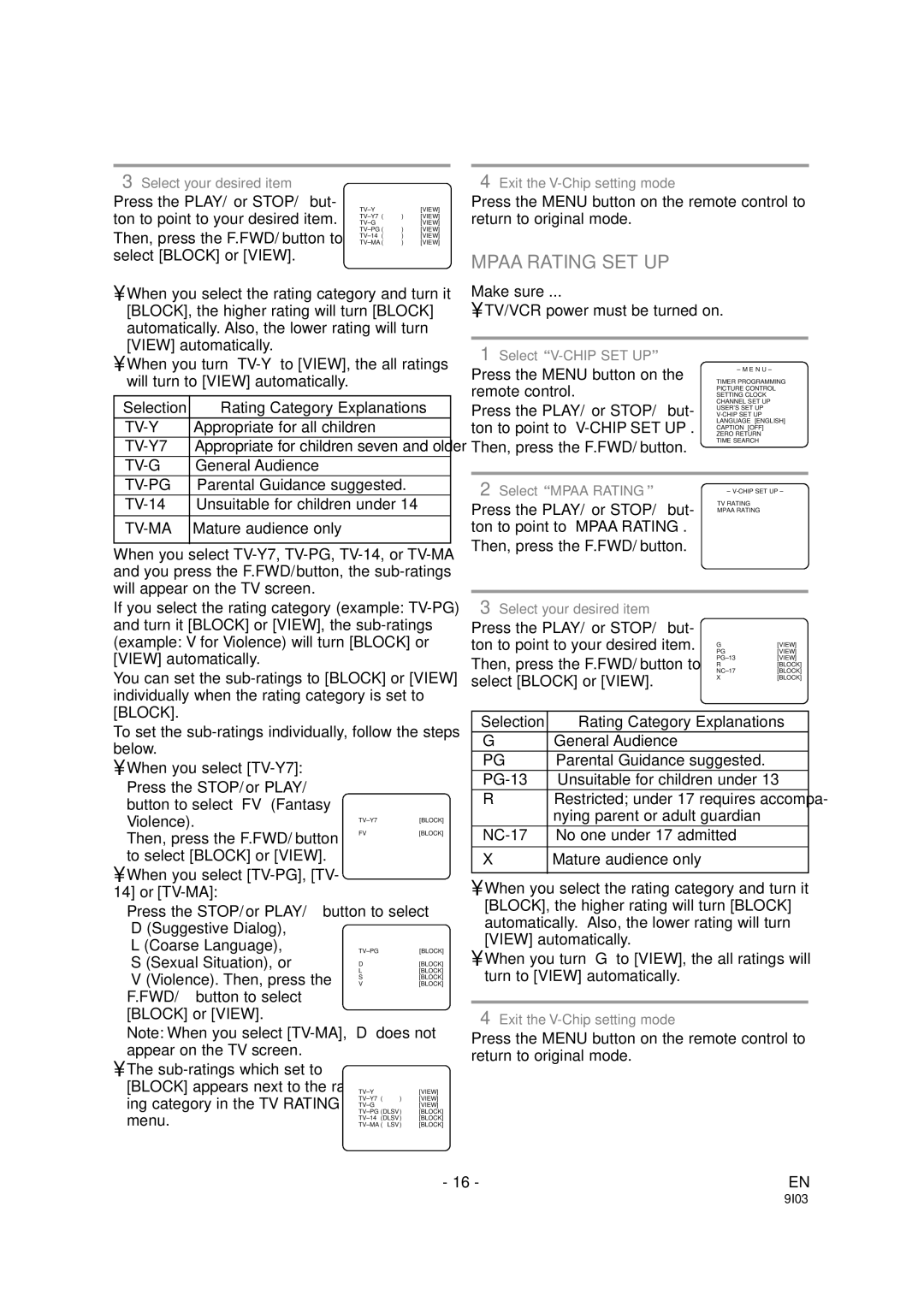 Emerson EWC1901 owner manual Mpaa Rating SET UP, Selection Rating Category Explanations, When you select TV-Y7 