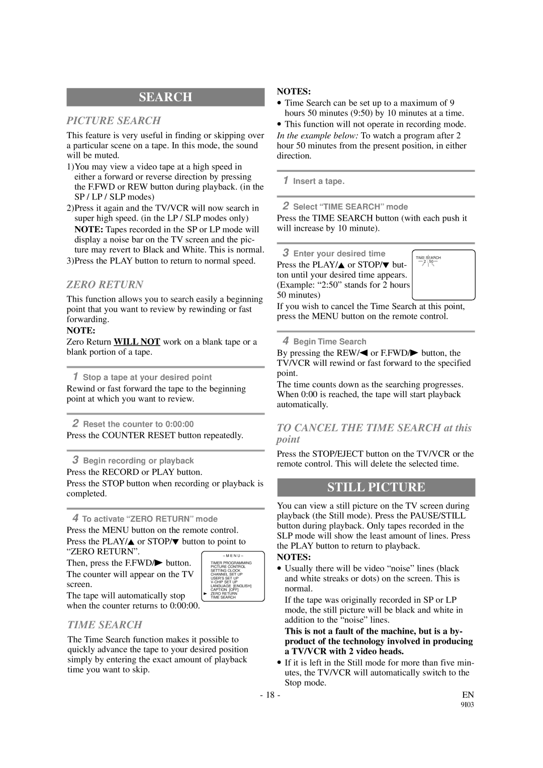 Emerson EWC1901 owner manual Still Picture, Picture Search, Zero Return, Time Search 