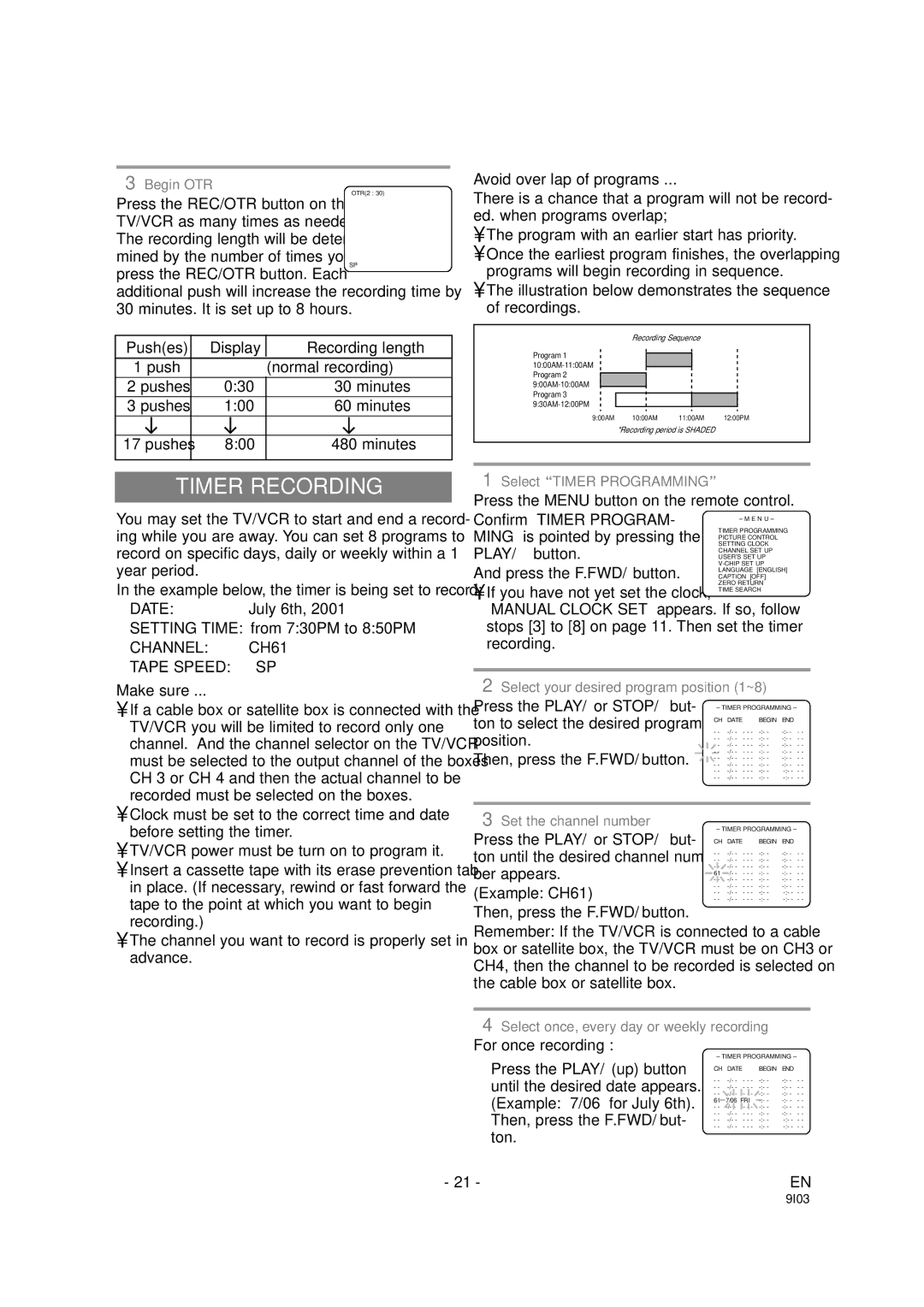 Emerson EWC1901 owner manual Timer Recording, Pushes Display Recording length, Channel CH61 Tape Speed SP 