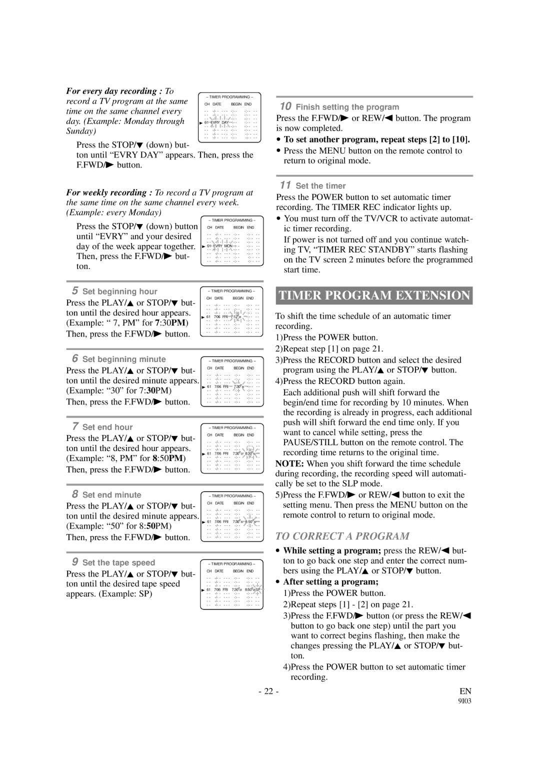 Emerson EWC1901 owner manual Timer Program Extension, To Correct a Program, To set another program, repeat steps 2 to 