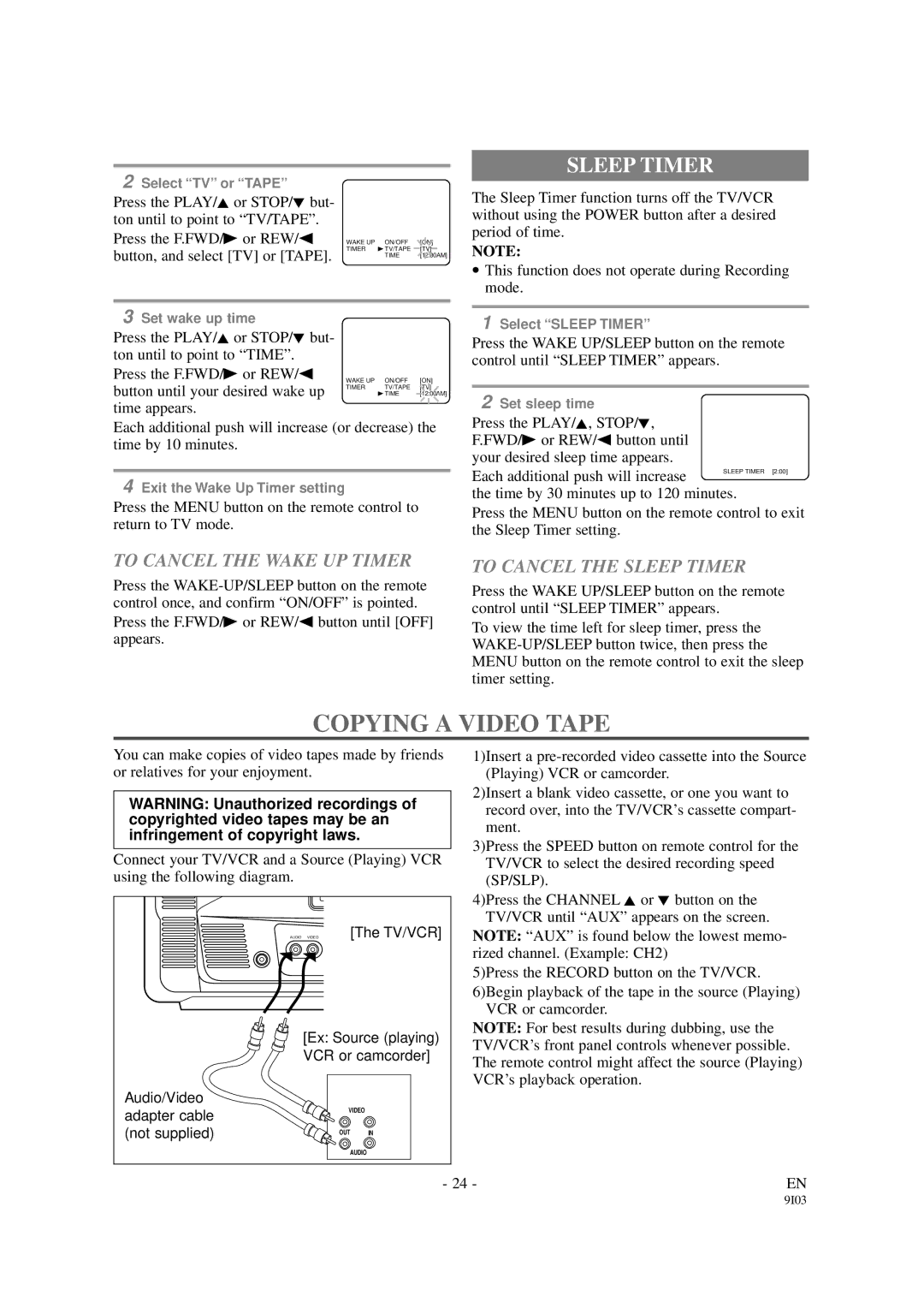 Emerson EWC1901 owner manual Copying a Video Tape, To Cancel the Wake UP Timer, To Cancel the Sleep Timer 