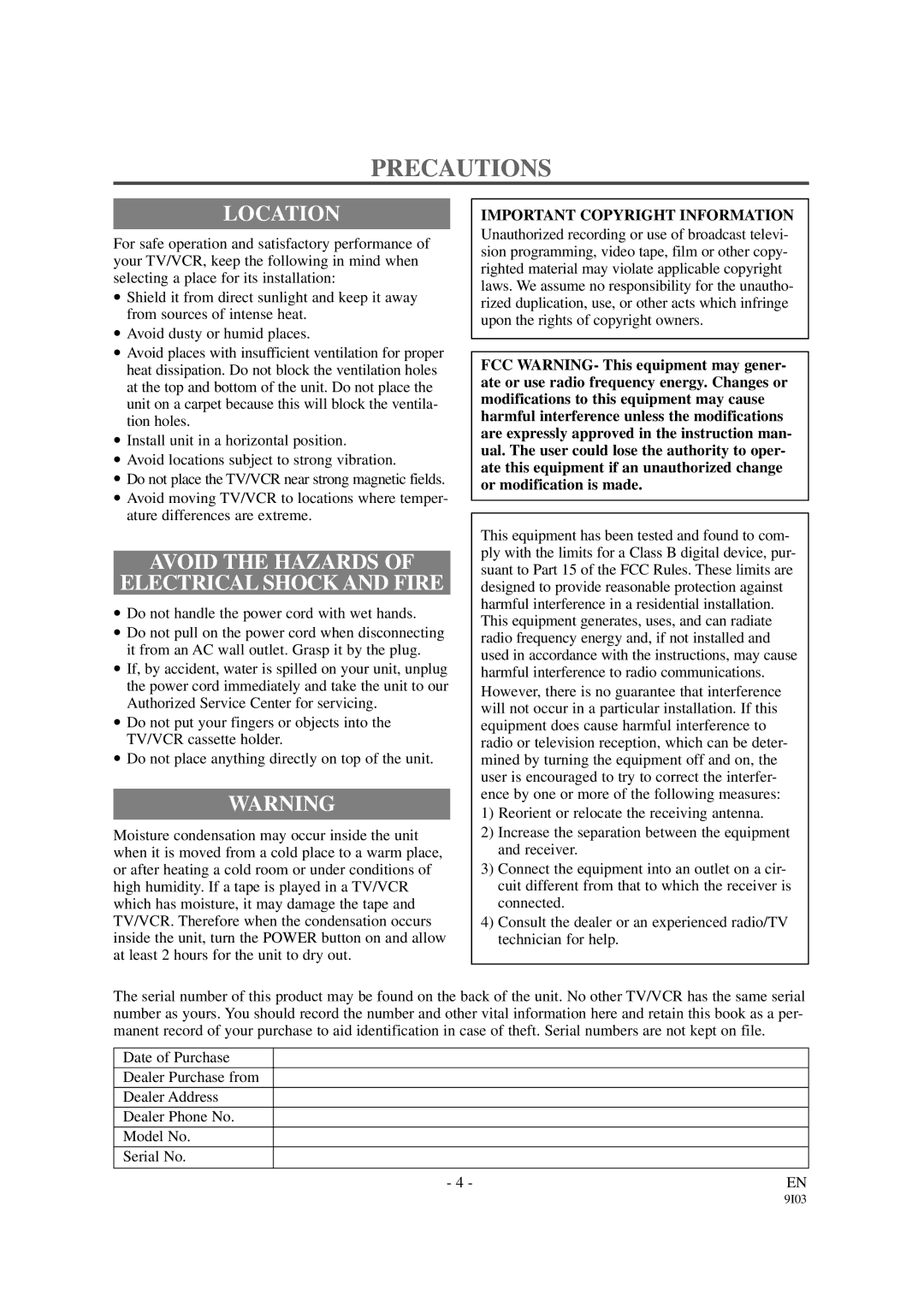 Emerson EWC1901 Precautions, Location, Avoid the Hazards Electrical Shock and Fire, Important Copyright Information 