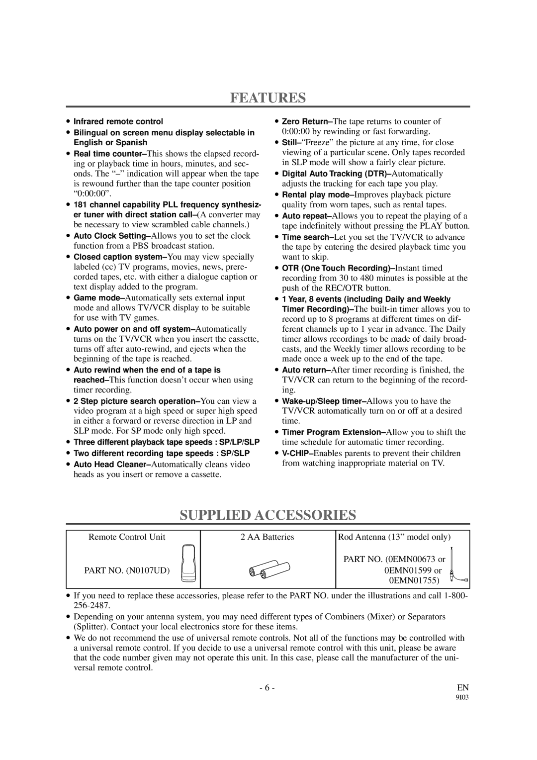 Emerson EWC1901 owner manual Features, Supplied Accessories 