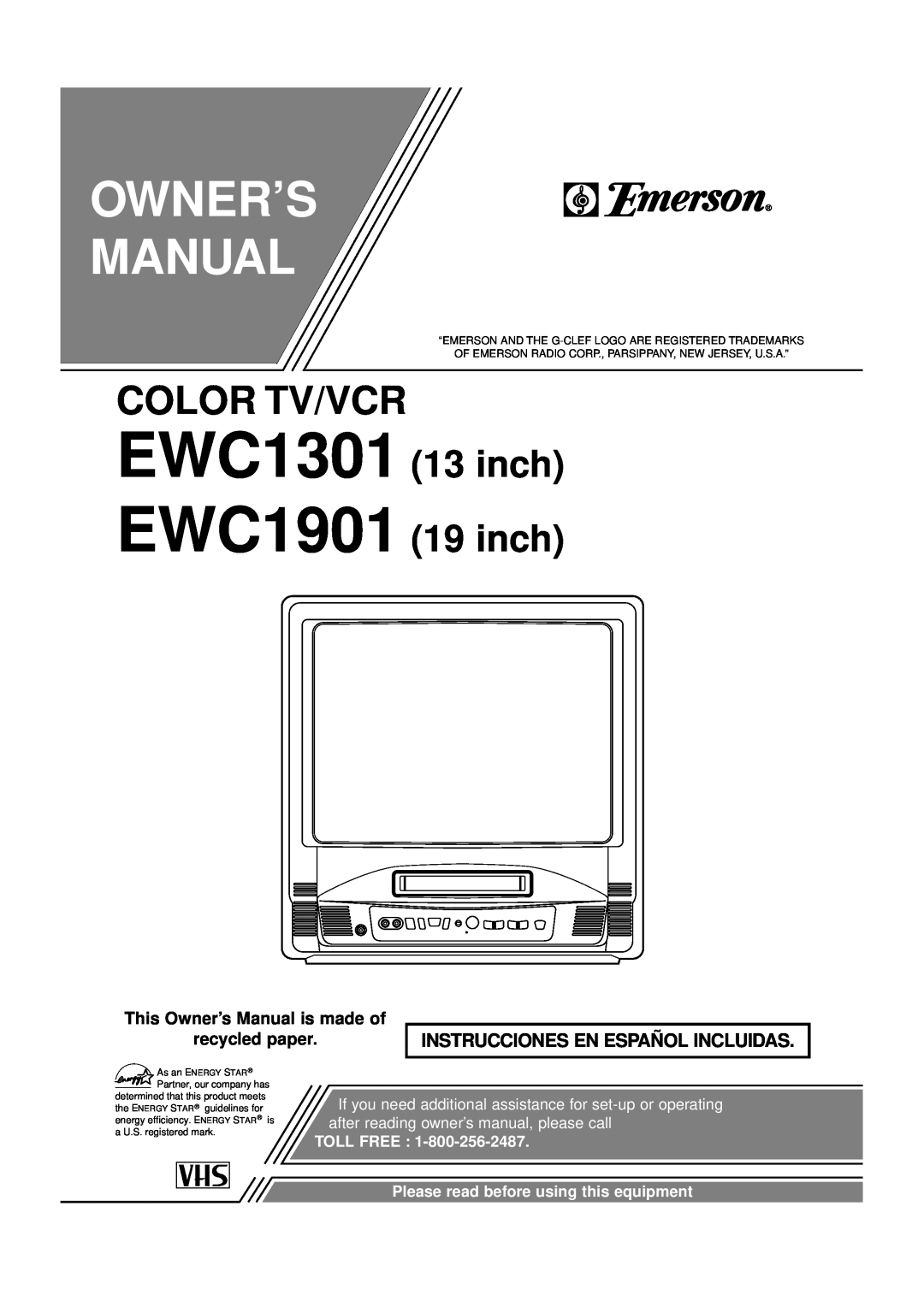 Emerson owner manual EWC1301 EWC1901, Color Tv/Vcr, inch 19 inch, Instrucciones En Español Incluidas, Toll Free 