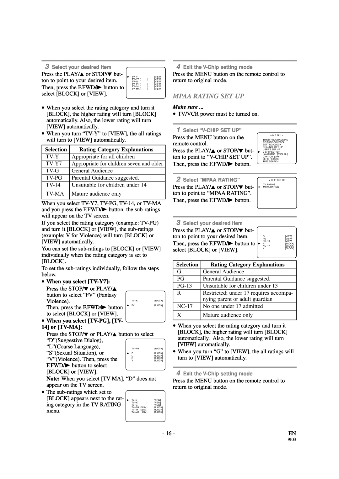 Emerson EWC1901 owner manual Mpaa Rating Set Up, Selection, Rating Category Explanations, When you select TV-Y7 