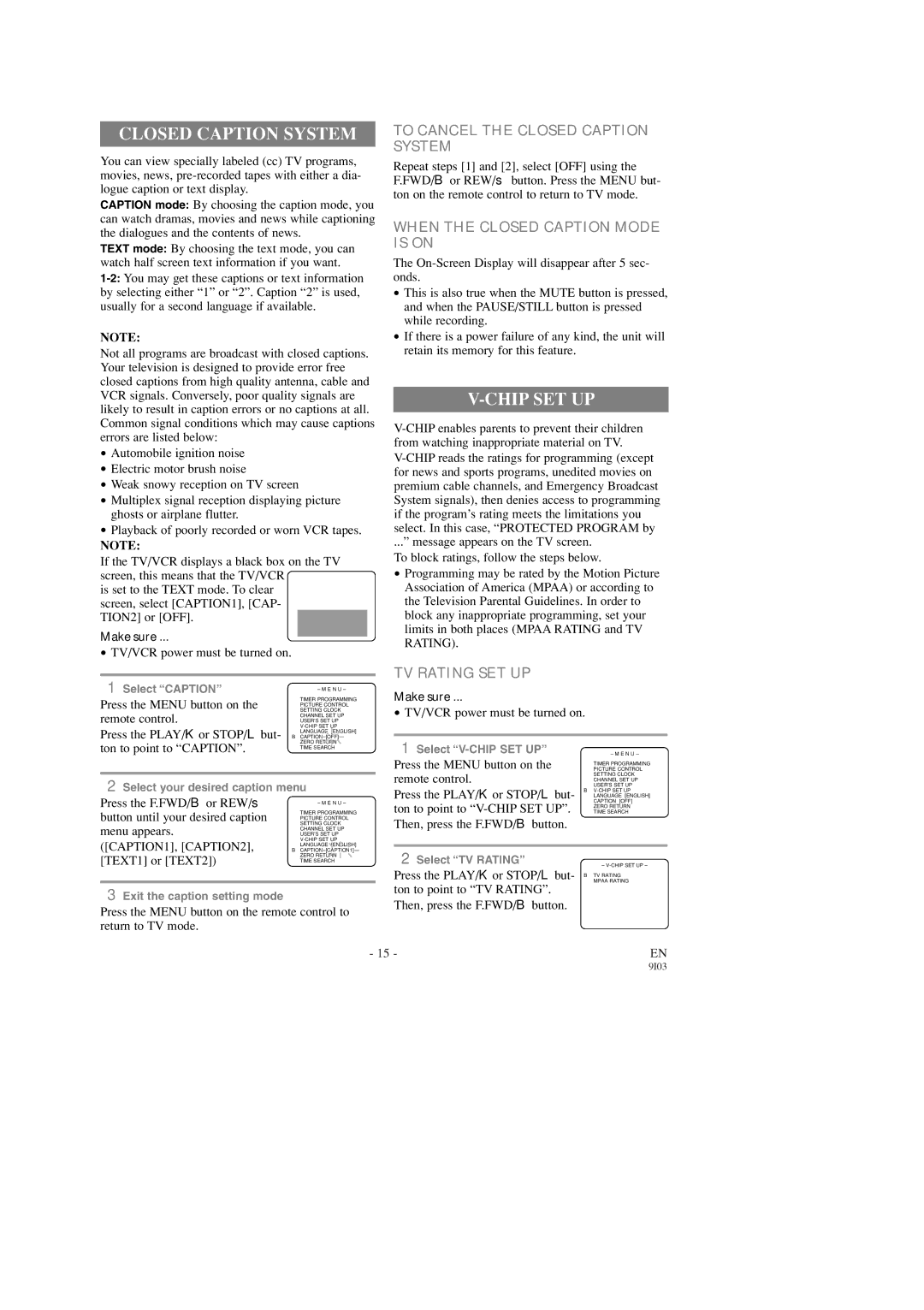 Emerson EWC1303 Chip SET UP, To Cancel the Closed Caption System, When the Closed Caption Mode is on, TV Rating SET UP 