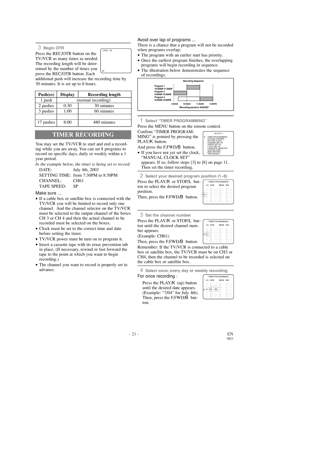 Emerson EWC1303, EWC1903 Timer Recording, Pushes Display Recording length, Channel CH61 Tape Speed SP, Manual Clock SET 