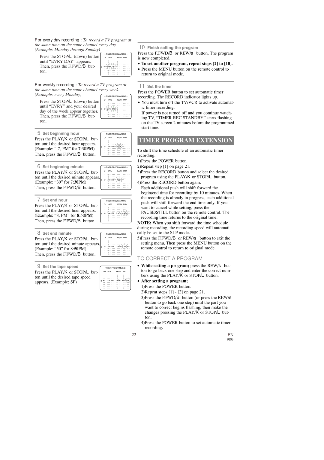 Emerson EWC1903, EWC1303 Timer Program Extension, To Correct a Program, To set another program, repeat steps 2 to 