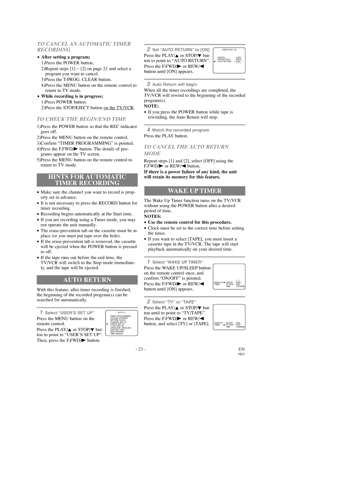 Emerson EWC1303, EWC1903 owner manual Hints for Automatic Timer Recording, Auto Return, Wake UP Timer 