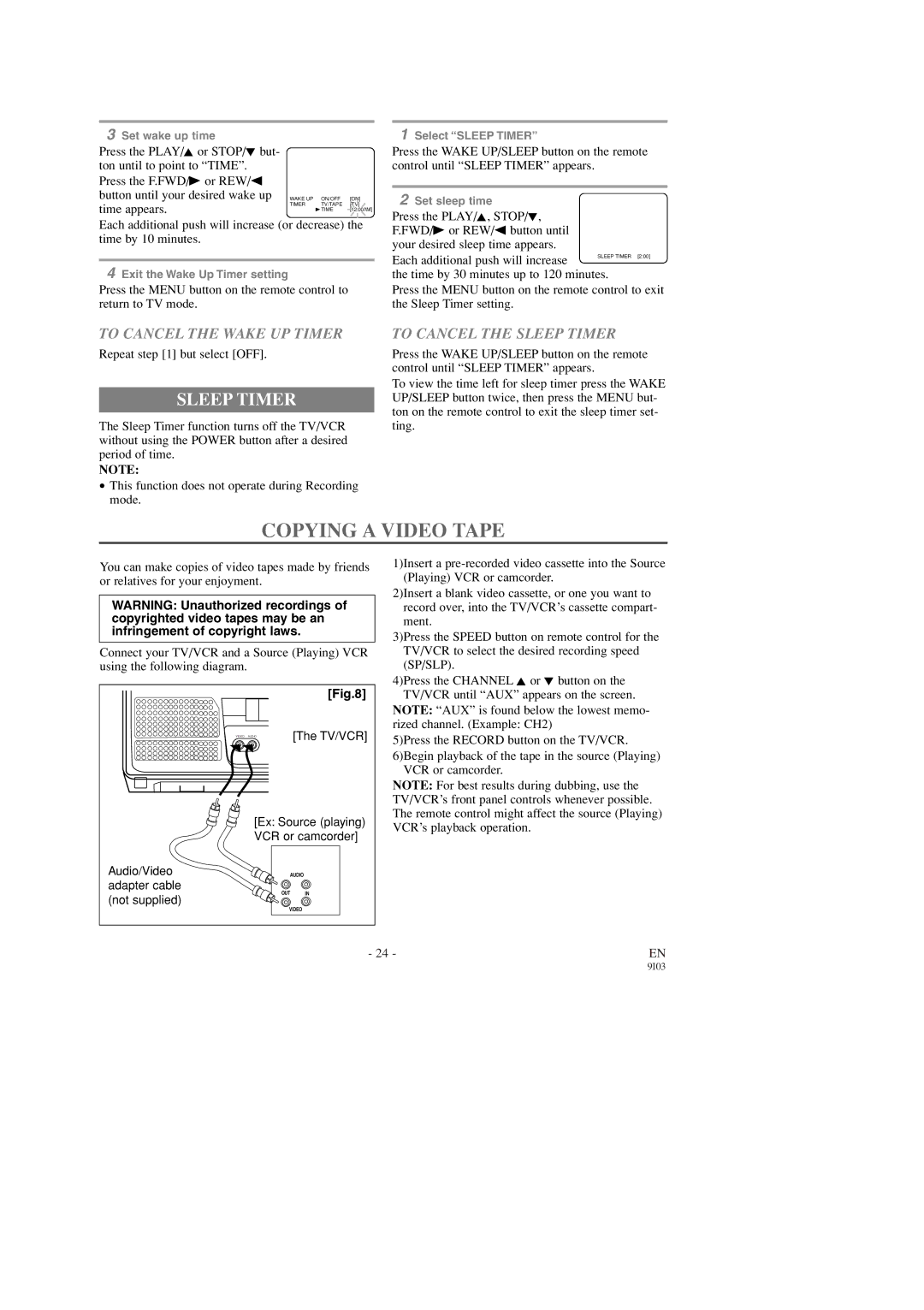 Emerson EWC1903, EWC1303 owner manual Copying a Video Tape, To Cancel the Wake UP Timer, To Cancel the Sleep Timer 