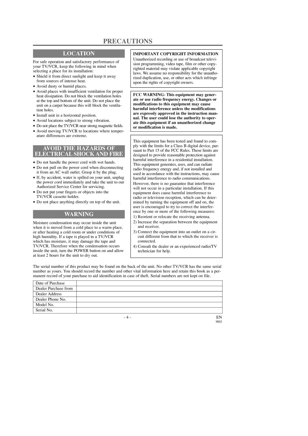 Emerson EWC1903 Precautions, Location, Avoid the Hazards Electrical Shock and Fire, Important Copyright Information 