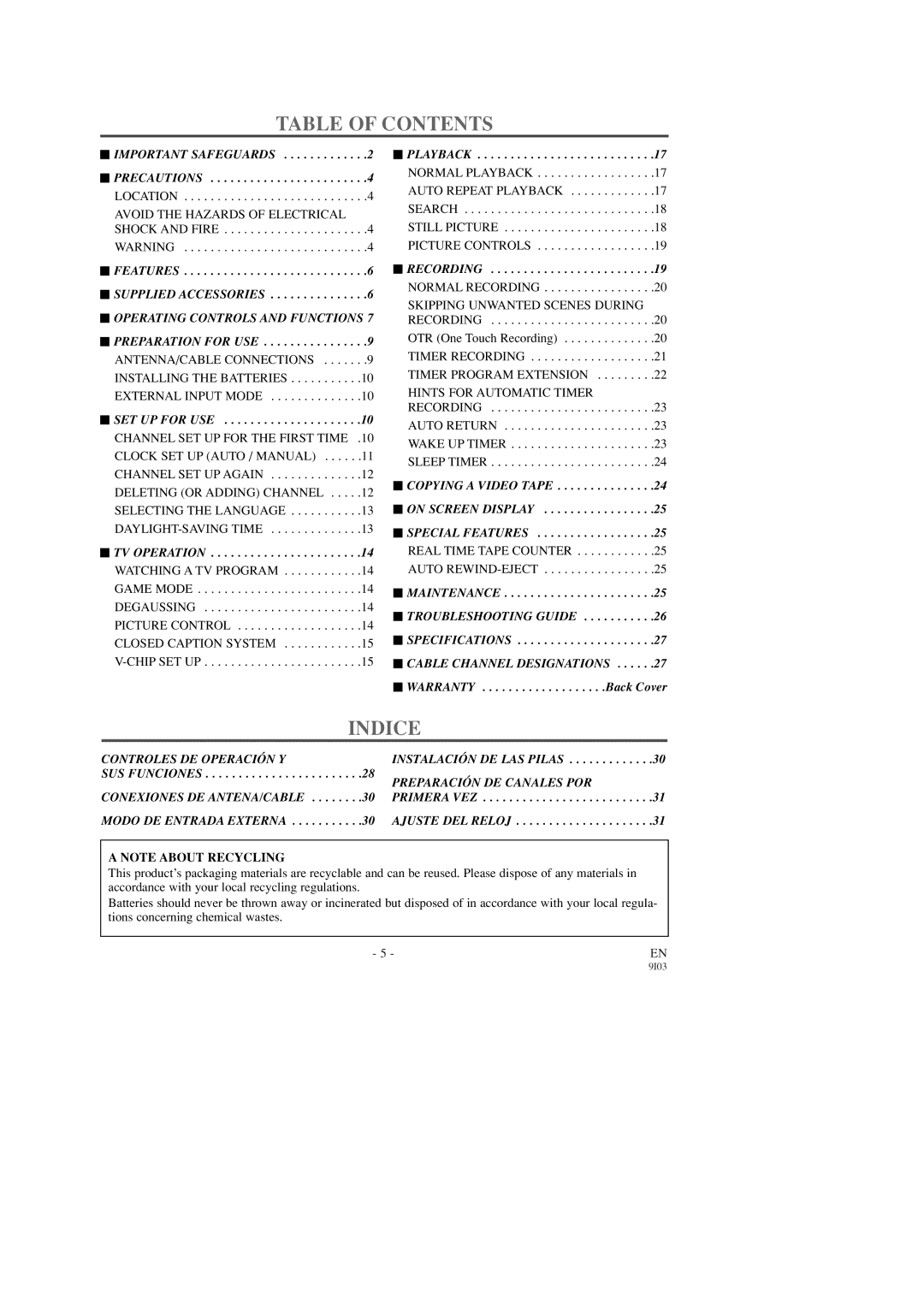 Emerson EWC1303, EWC1903 owner manual Table of Contents, Indice 