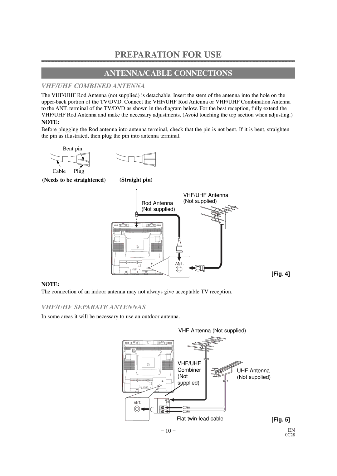 Emerson EWC19D1 Preparation for USE, ANTENNA/CABLE Connections, VHF/UHF Combined Antenna, VHF/UHF Separate Antennas 