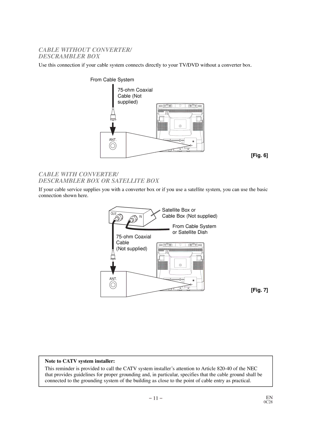 Emerson EWC19D1 owner manual Cable Without Converter Descrambler BOX, Cable with Converter Descrambler BOX or Satellite BOX 