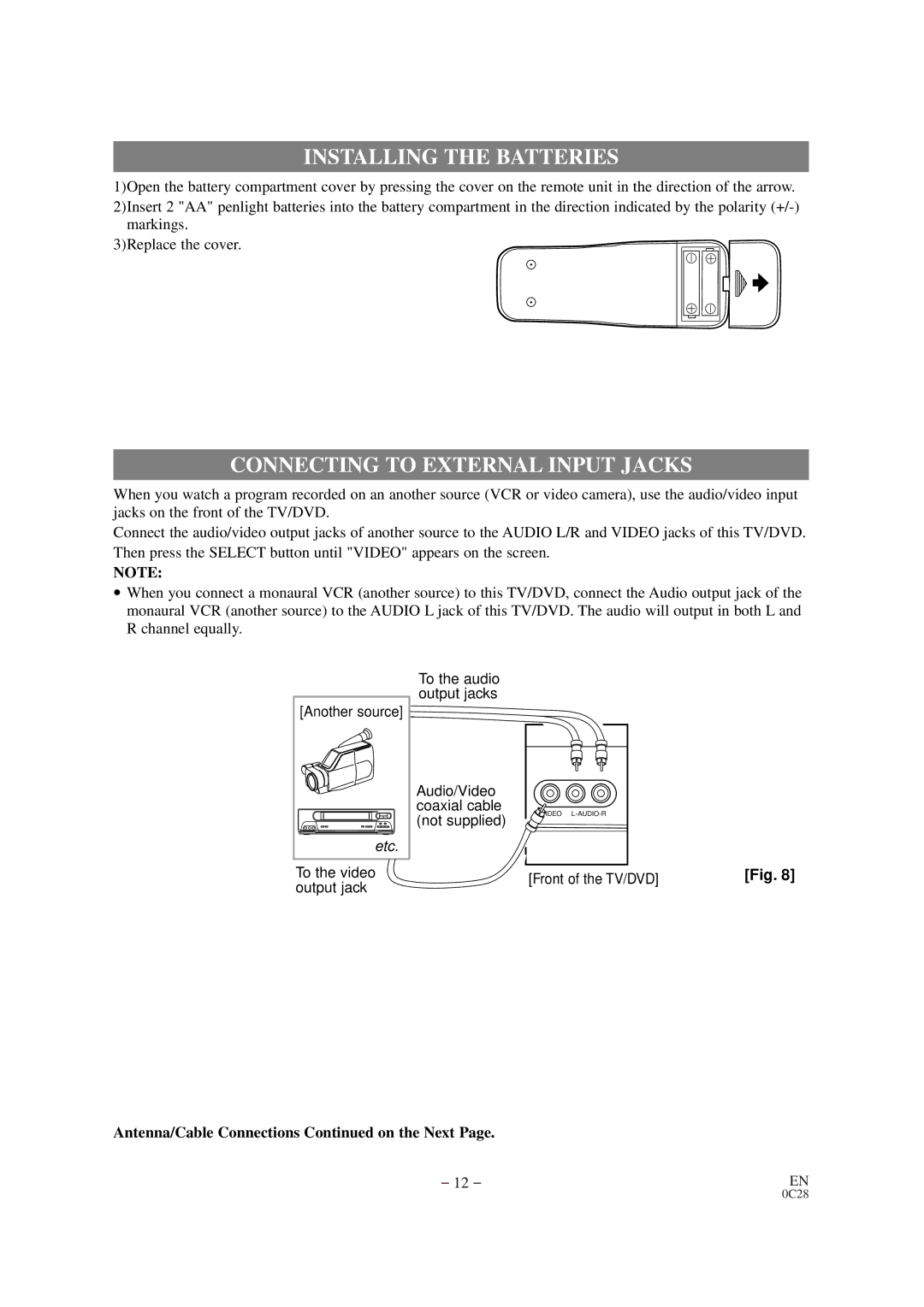 Emerson EWC19D1 Installing the Batteries, Connecting to External Input Jacks, Antenna/Cable Connections on the Next 