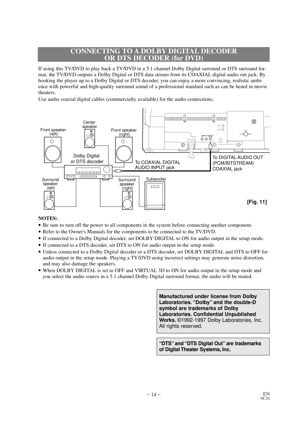 Emerson EWC19D1 owner manual Connecting to a Dolby Digital Decoder, Or DTS Decoder for DVD 