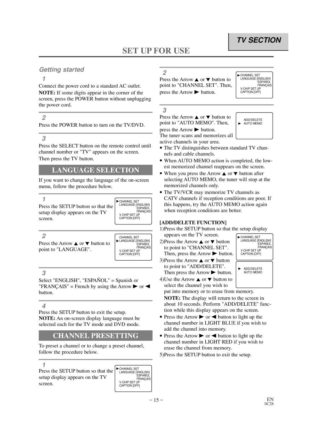 Emerson EWC19D1 owner manual SET UP for USE, Language Selection, Channel Presetting, ADD/DELETE Function 