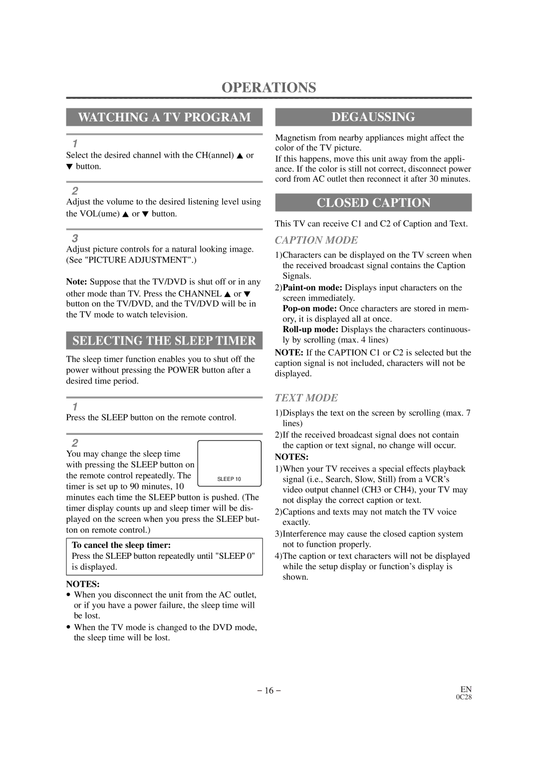 Emerson EWC19D1 owner manual Operations, Watching a TV Program, Selecting the Sleep Timer, Degaussing, Closed Caption 