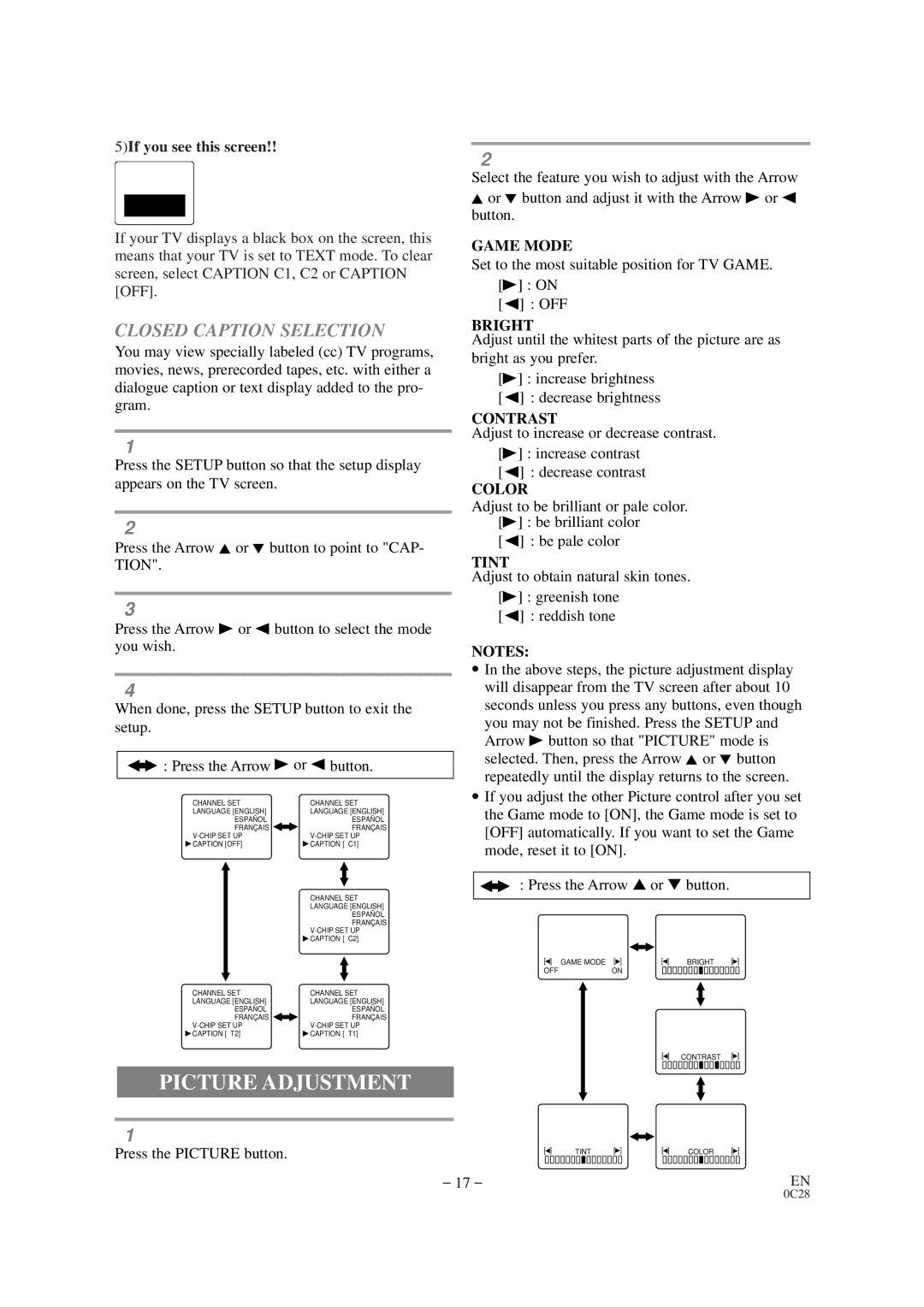 Emerson EWC19D1 owner manual Picture Adjustment, Closed Caption Selection 