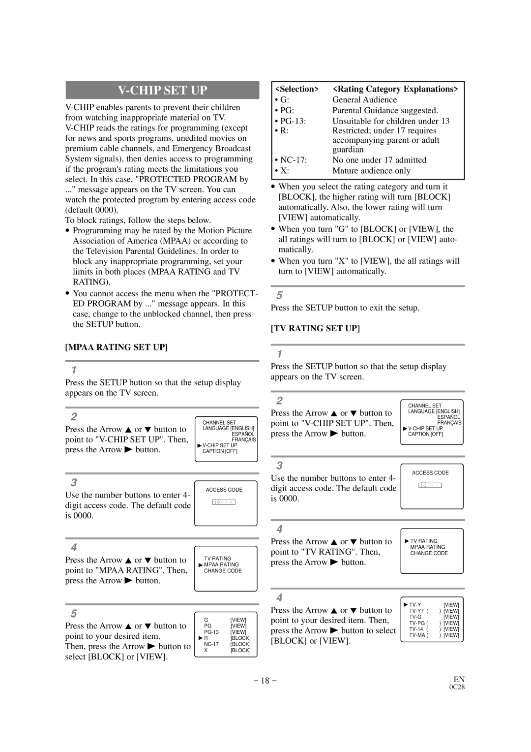 Emerson EWC19D1 owner manual Chip SET UP, Mpaa Rating SET UP, Selection Rating Category Explanations, TV Rating SET UP 